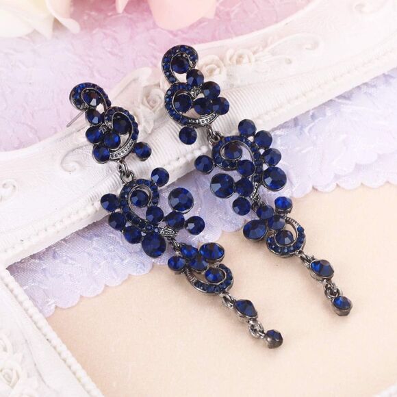 Gun Metal with Sapphire Blue Austrian Crystal Chandelier Post Back Drop Earrings - Picture 2 of 5